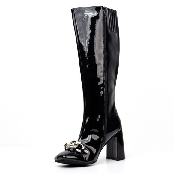 Jeffrey Campbell Women Patt Black Vegan Patent Chain Link fashion Knee Boots 8.5 - Picture 3 of 9